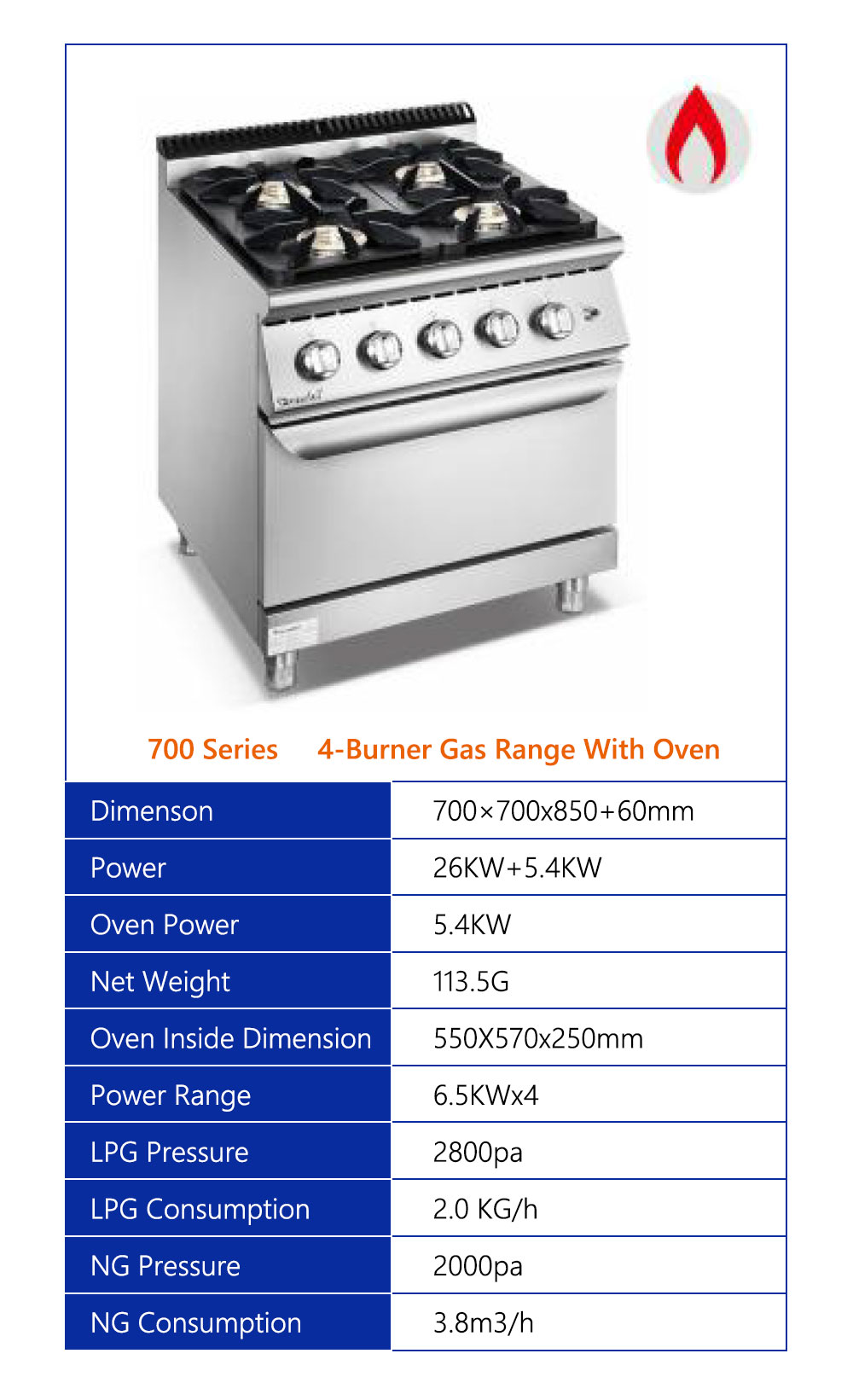 700 Series 4Burner Gas Cooking Range With Oven